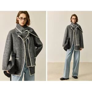 LILY Gray Bouclé Wool Anti-Static Double-Faced Coat Wrap Scarf Size M Medium